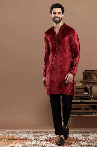maroon velvet kurta pajama with embroidered work
