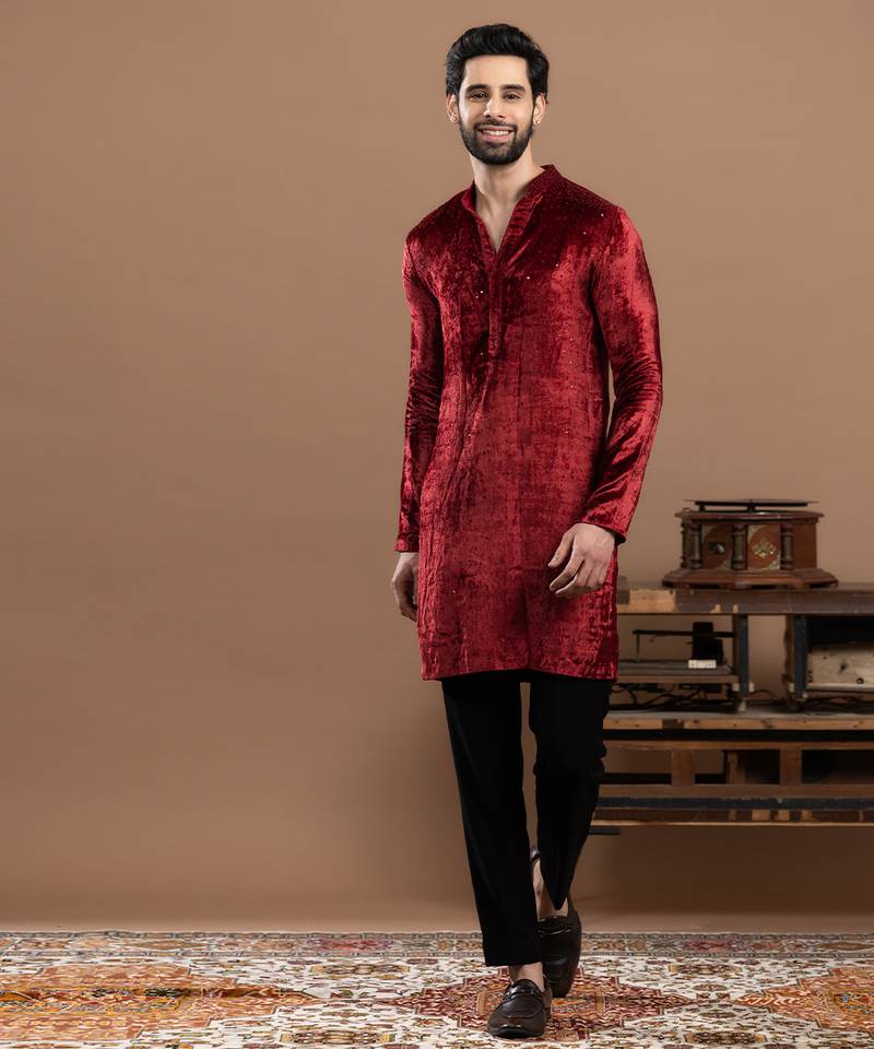 Maroon embroidered velvet kurta pajama