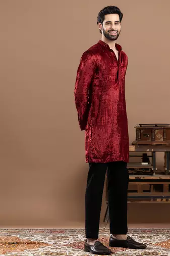 maroon velvet kurta pajama with embroidered work