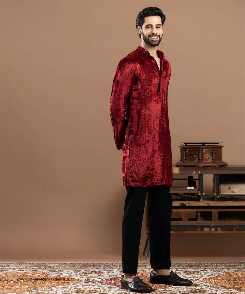 Maroon embroidered velvet kurta pajama