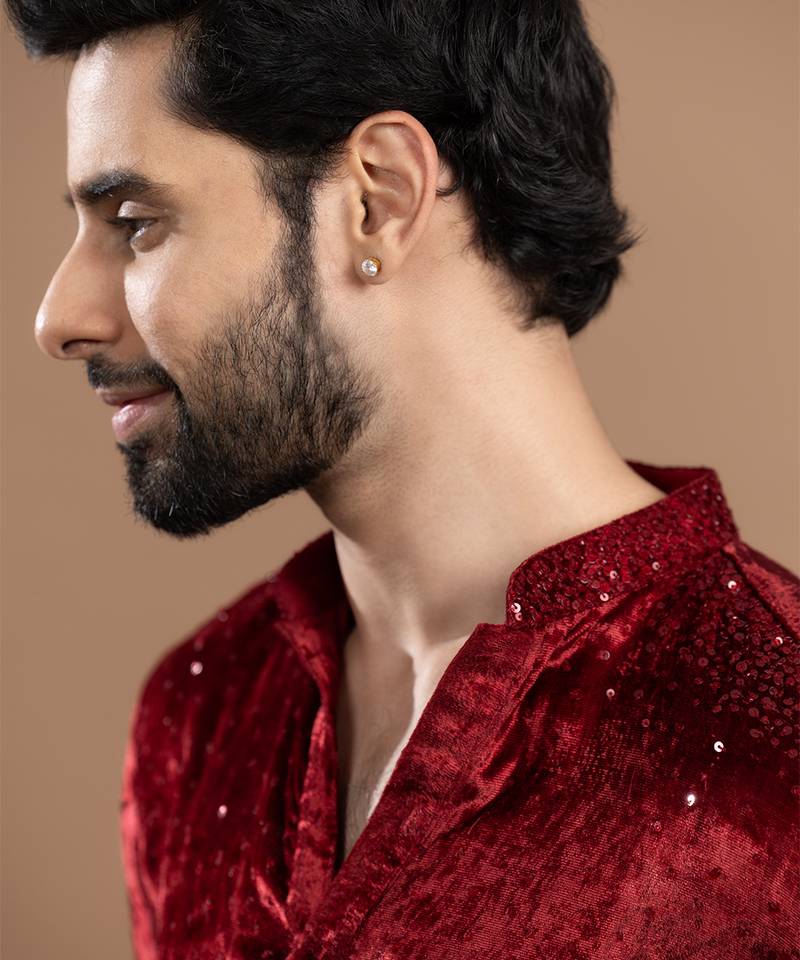 Maroon embroidered velvet kurta pajama