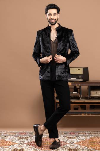 Black velvet bandhgala set