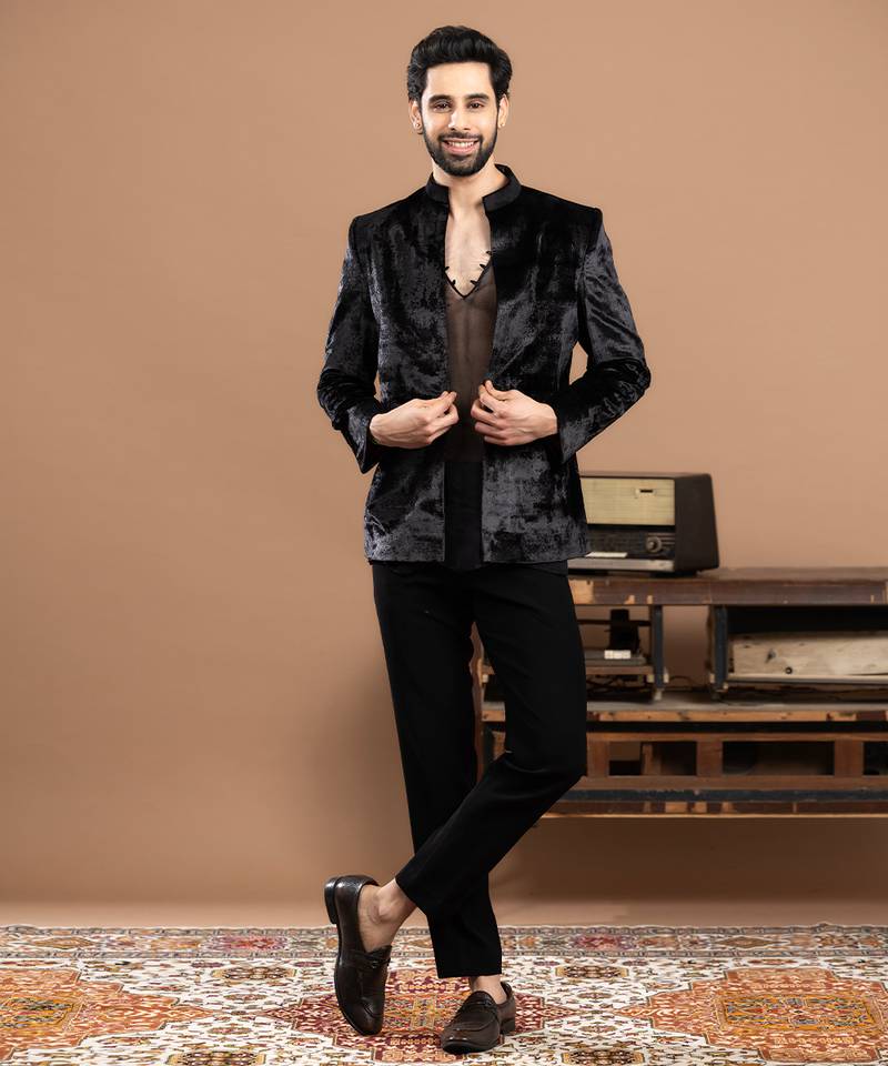 Black velvet bandhgala set