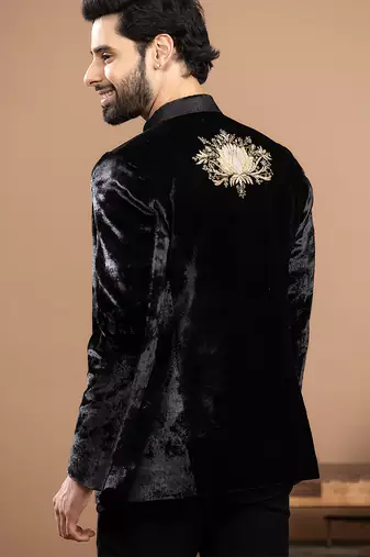 black velvet bandhgala with embroidered work