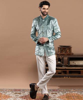 blue velvet bandhgala set with embroidered work 1
