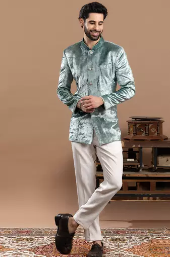 blue velvet bandhgala set with embroidered work