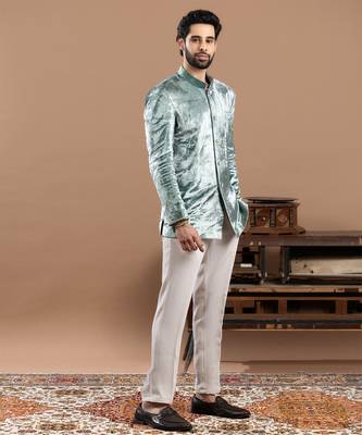 blue velvet bandhgala set with embroidered work 4