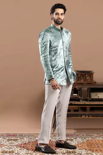 blue velvet bandhgala set with embroidered work