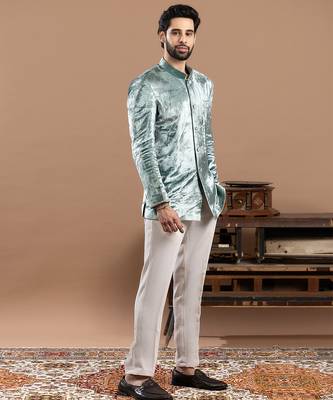 blue velvet bandhgala set with embroidered work 5