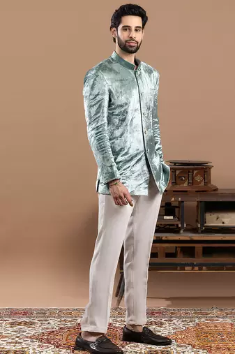 blue velvet bandhgala set with embroidered work