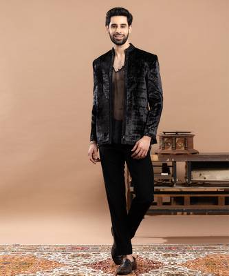 black velvet bandhgala with embroidered work 1