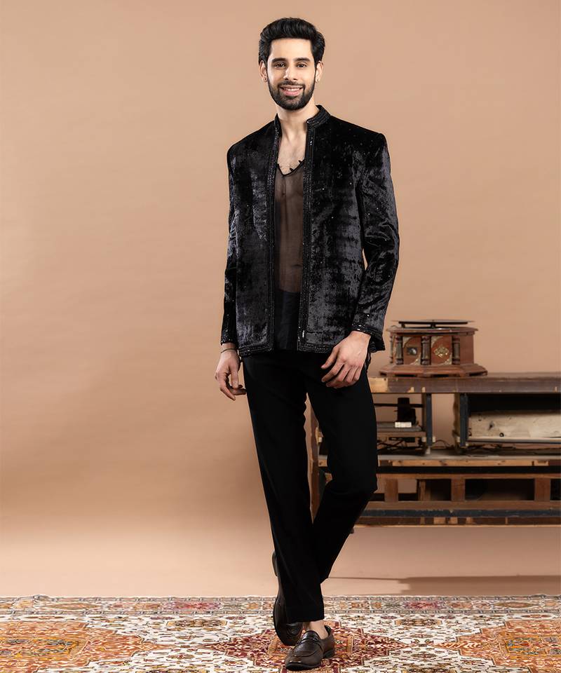 black velvet bandhgala with embroidered work