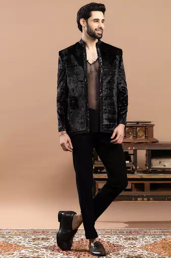 black velvet bandhgala with embroidered work