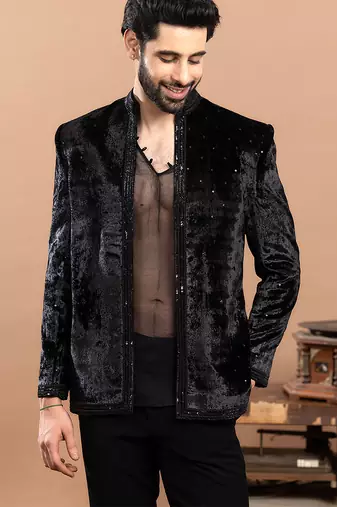 black velvet bandhgala with embroidered work