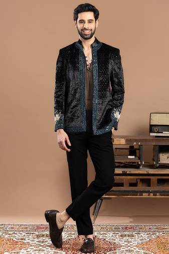 Black embroidered velvet bandhgala set