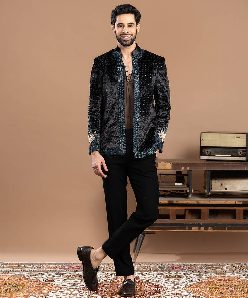 black velvet bandhgala set with embroidered work