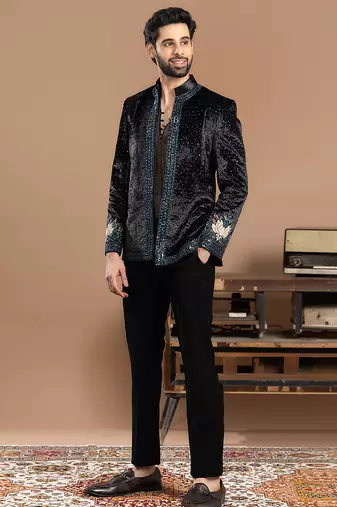black velvet bandhgala set with embroidered work