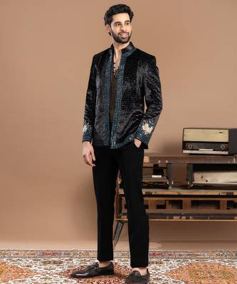 black velvet bandhgala set with embroidered work 3