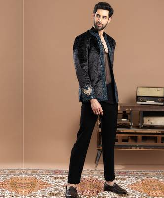 black velvet bandhgala set with embroidered work 4