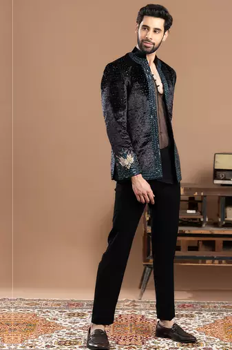 black velvet bandhgala set with embroidered work