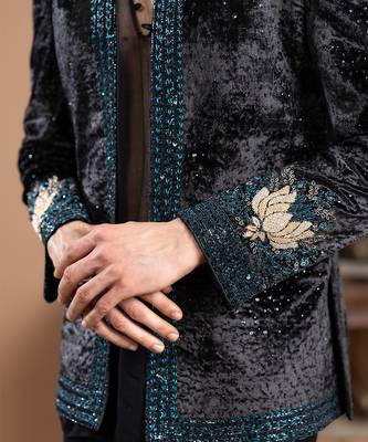 black velvet bandhgala set with embroidered work 5