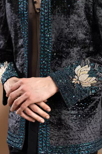 black velvet bandhgala set with embroidered work