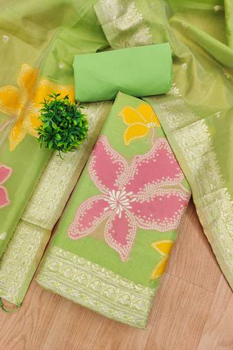 green shimmer dress material with zari weaving