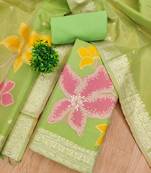 green shimmer dress material with zari weaving