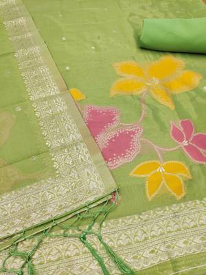 green shimmer dress material with zari  2