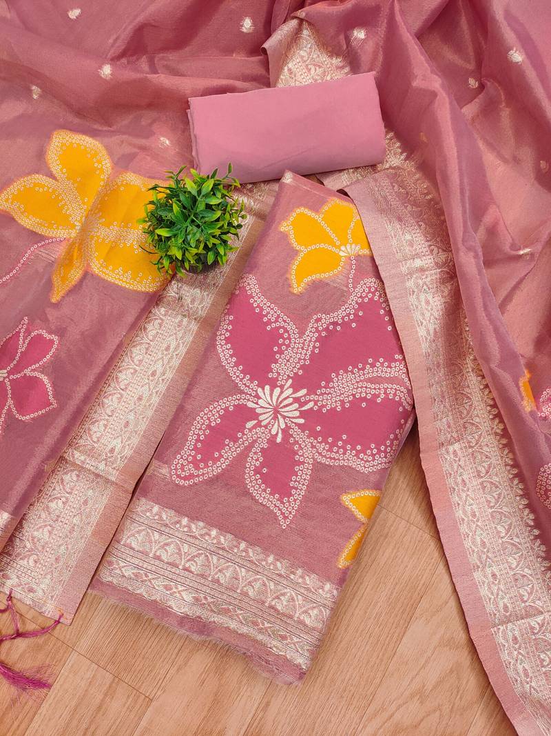 pink zari weaving dress material for women