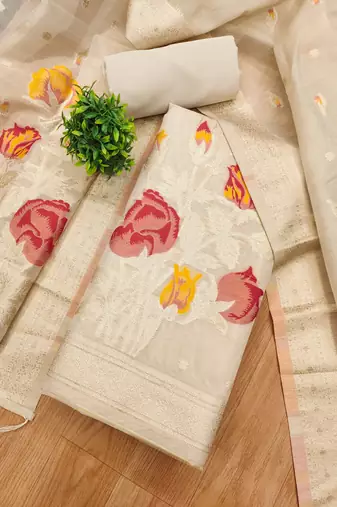 White Zari weaving shimmer dress material for women