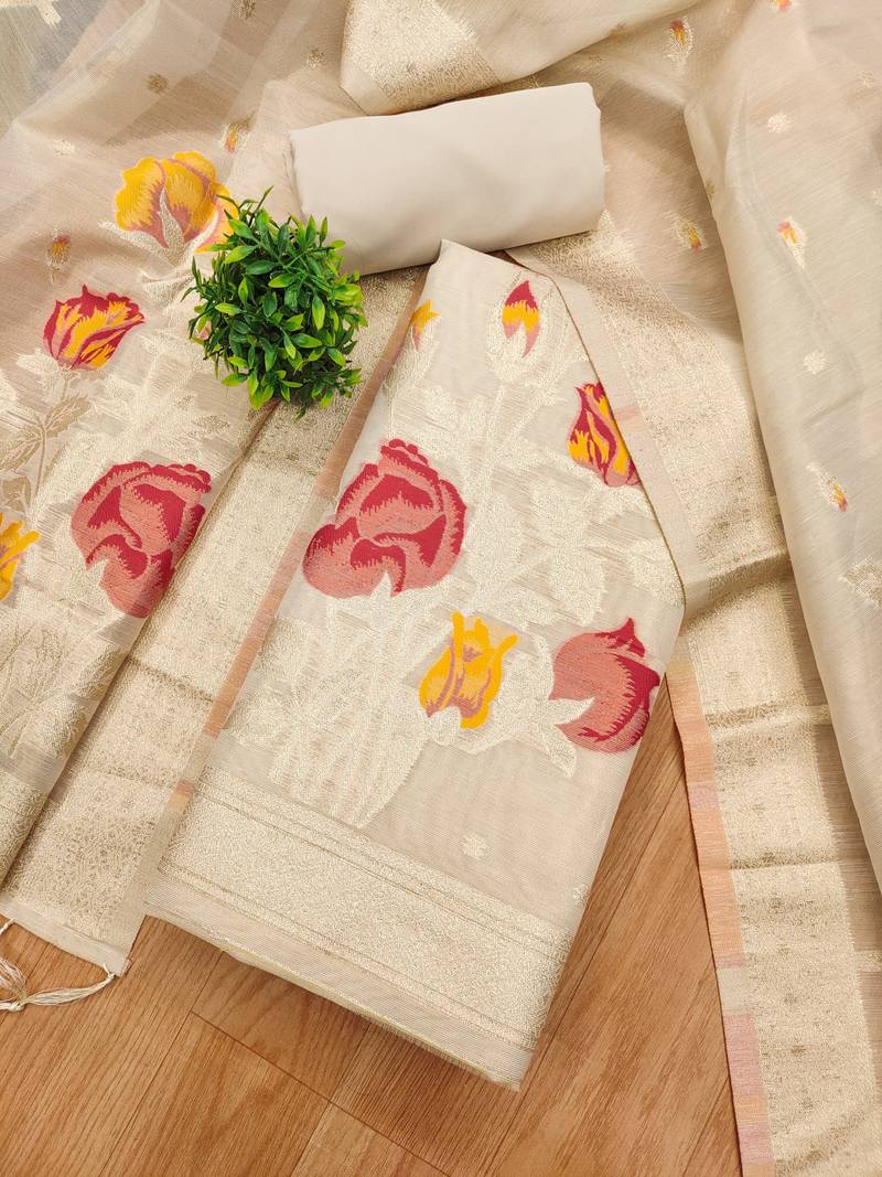 white shimmer dress material with zari weaving