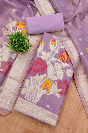 purple shimmer dress material with zari weaving