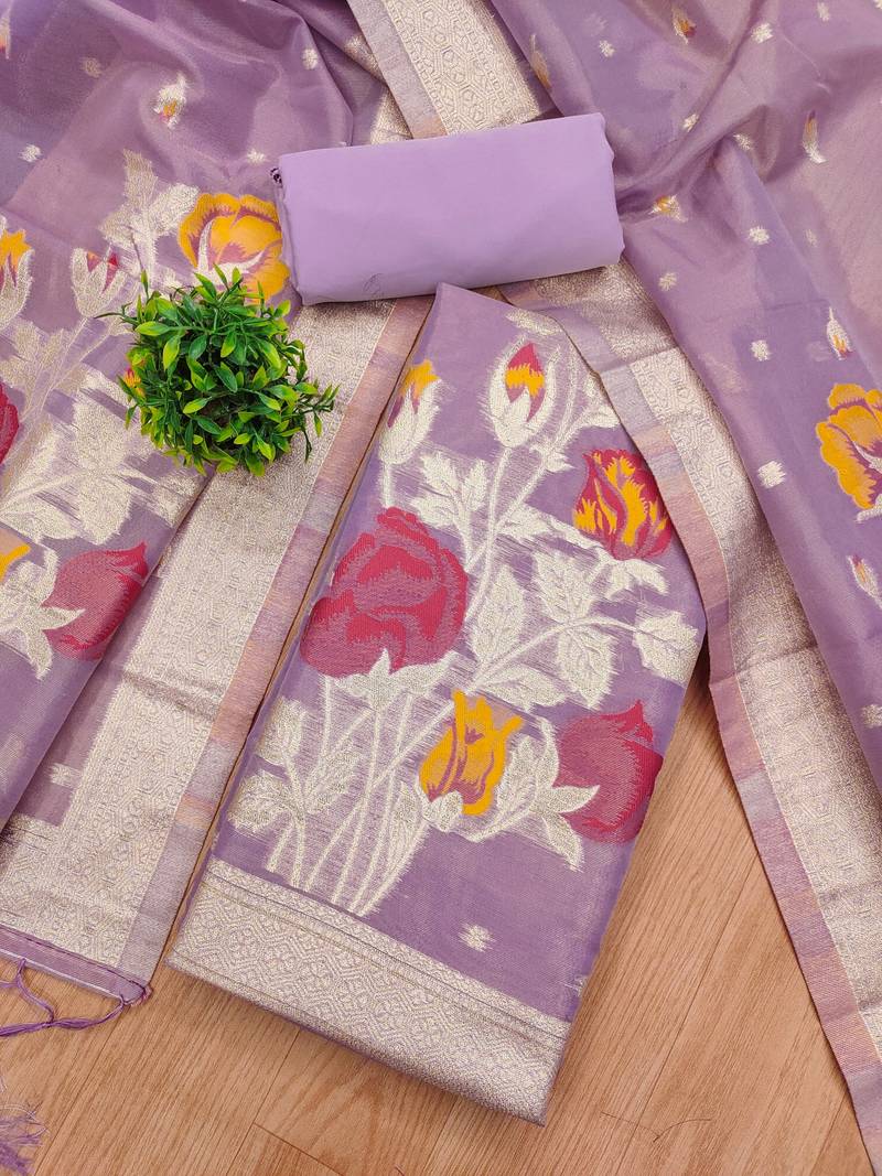 purple shimmer dress material with zari weaving