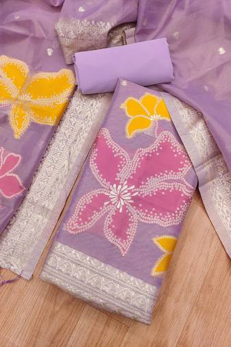 purple shimmer dress material with zari weaving