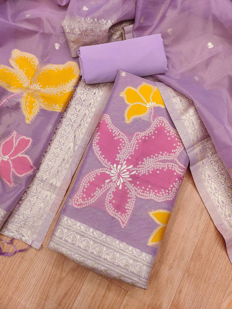 purple shimmer dress material with zari weaving