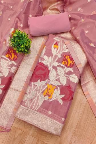 pink zari weaving dress material for women