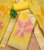 yellow shimmer dress material with zari weaving