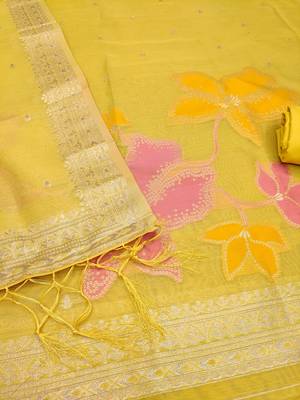 yellow shimmer dress material with zari  2