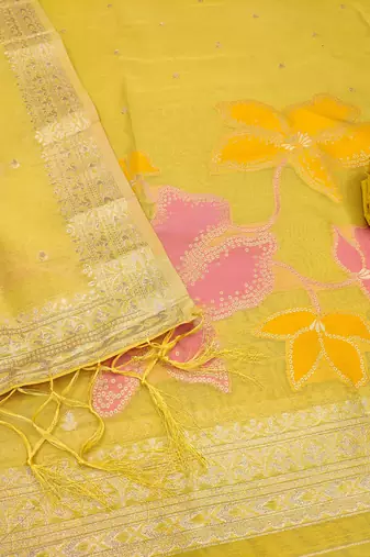 yellow shimmer dress material with zari 