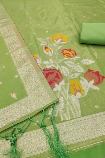 green shimmer dress material with zari 