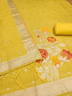 yellow shimmer dress material with zari  2