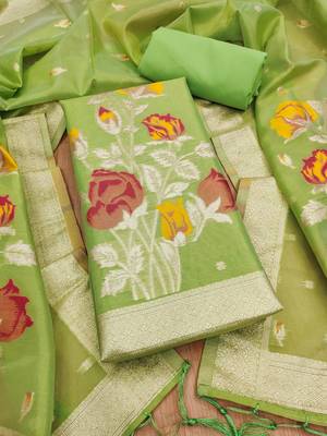 green shimmer dress material with zari  3