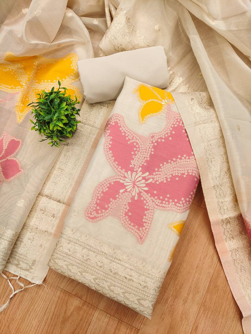 white shimmer dress material with zari weaving