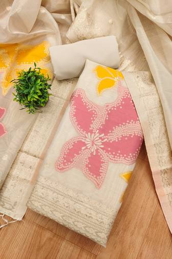 white shimmer dress material with zari weaving