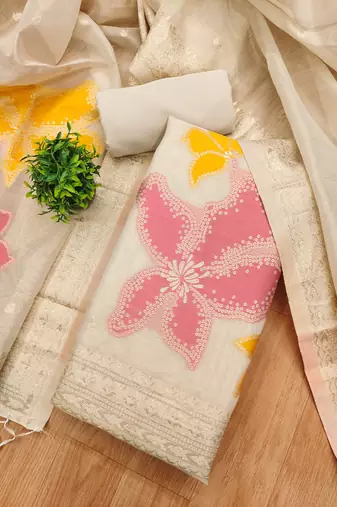 White Zari weaving shimmer dress material for women