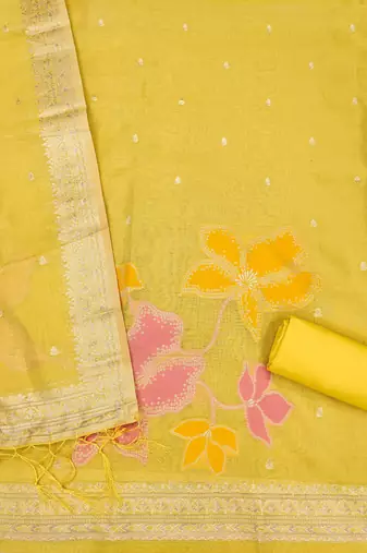 yellow shimmer dress material with zari 
