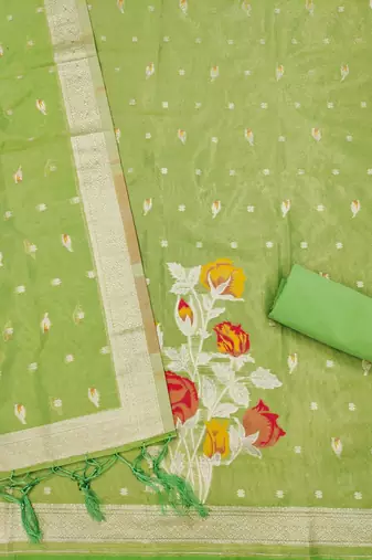 green shimmer dress material with zari 