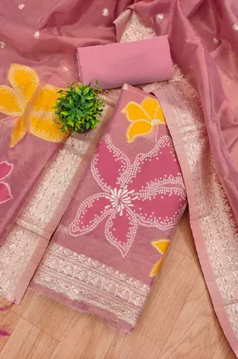 Pink Zari weaving shimmer dress material for women