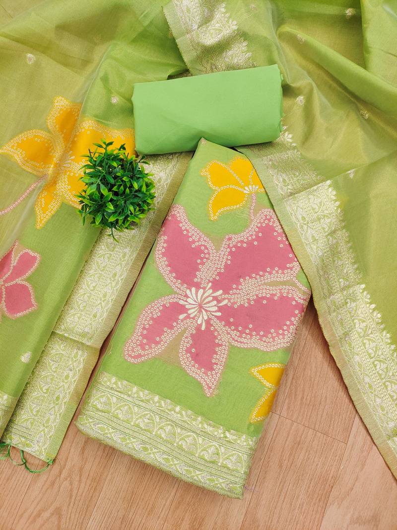 green zari weaving dress material for women